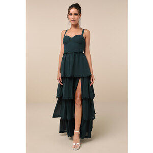 Lulus Sophisticated Occasion Emerald Green Bustier Lace-up Maxi Dress - Size M